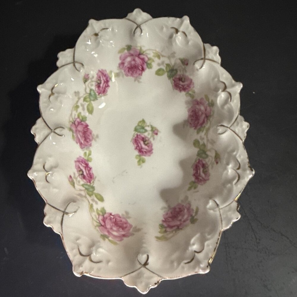 Antique MZ Austria Plate Decorative Oval Ruffle Edge Roses Gold Back Mark - Picture 11 of 16